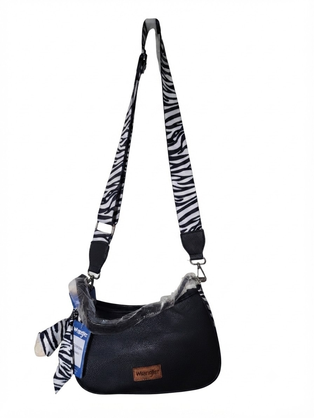 NWT Wrangler Black 2-Way Crossbody Hobo Bag with Zebra-Print Strap and Twilly